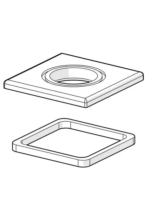 Zwei Teile einer Rosette, bestehend aus einer oberen Platte mit runder Aussparung und einer darunterliegenden quadratischen Basis, mit minimalem Design der Marke HANSA.